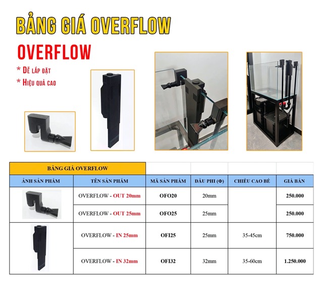 Hình ảnh Bảng giá bộ In-Out Overflow cho bể cá cảnh